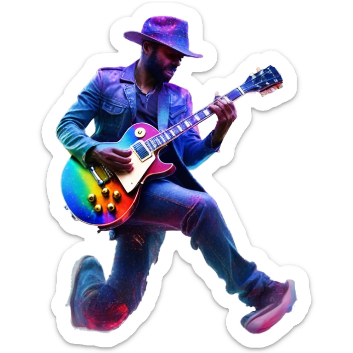 . Double exposure with a full body closeup of a manly man playing a red Gibson Les Paul electric guitar. bright contrast. lithium. neon rainbow drip effect. movements and realistic render. sticker