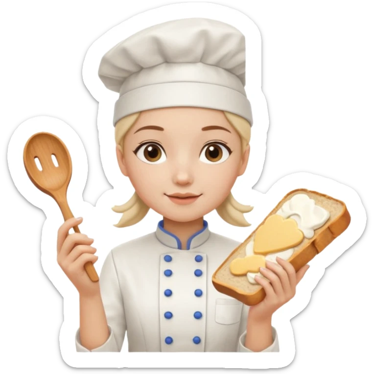 Young female baker - white chef hat, holding cream piping bag to milk oil on bread sticker