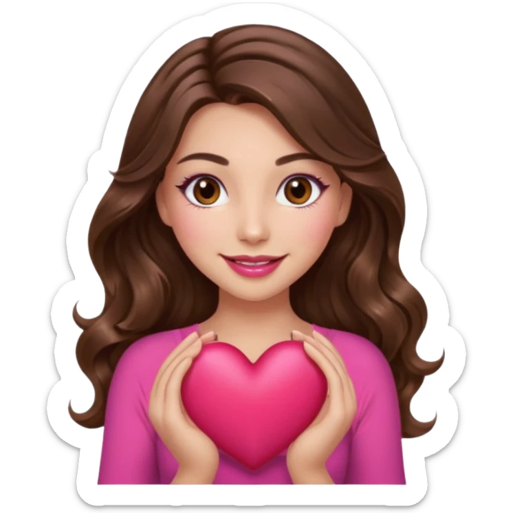 girl with long wavy brown hair, brown eyes, long lashes makeup, sexy pink lips, light to medium complexion, wearing a pink sexy top, smiling, holding a big heart with both hands sticker