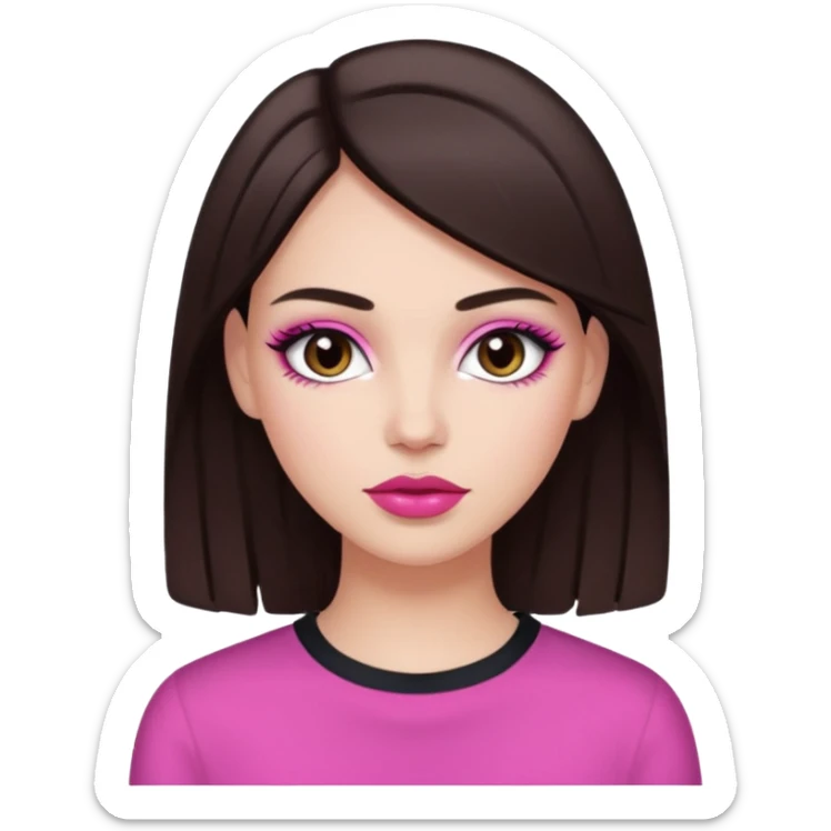 White girl with straight dark brown hair and dark brown eyes, pink lips, "clean girl" makeup  sticker
