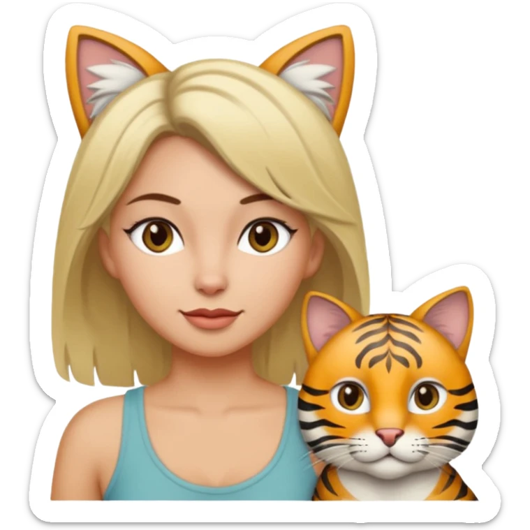 Une femme avec les cheveux dégradée, brun et blond, qui fait un câlin à son chat gris, tigré avec les extrémités que pattes et pointe d’oreilles noires et le dessous du menton blanc sticker