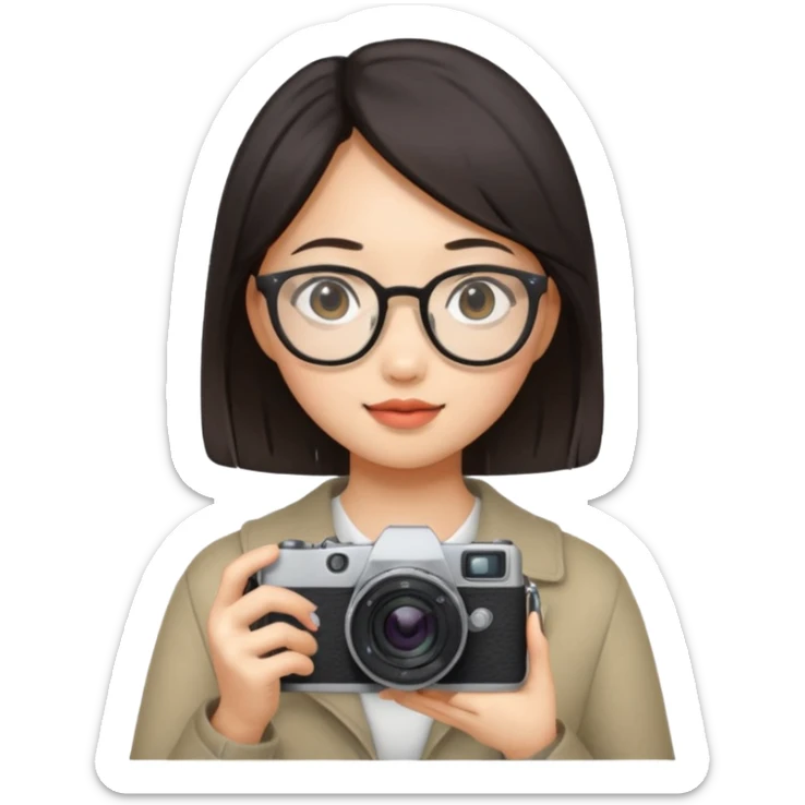 Asian girl in glasses with photocamera  sticker