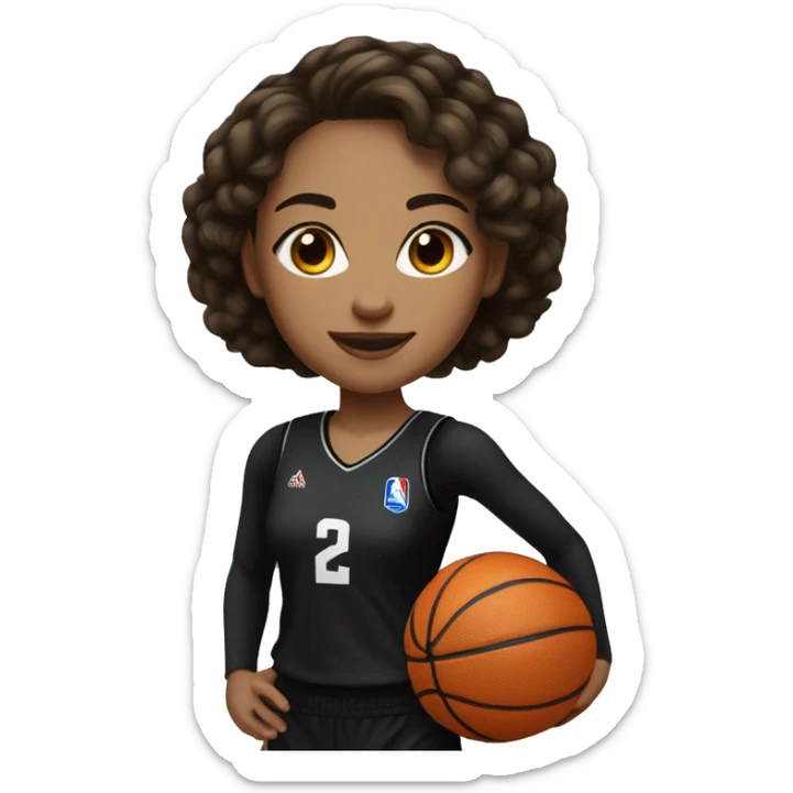 A light-skinned brunette girl is a basketball player in a black full-length uniform sticker