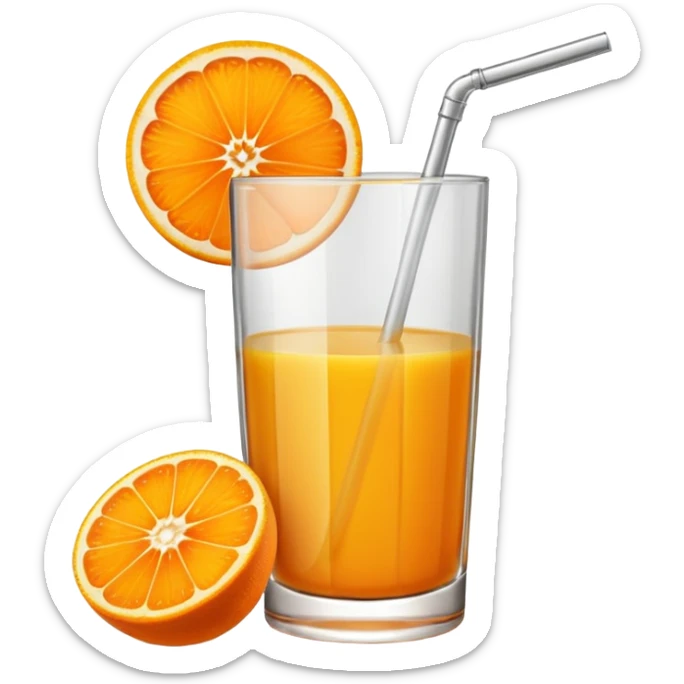 A glas of orange juice. Without a straw. With a slice of orange next to it on the bottom sticker