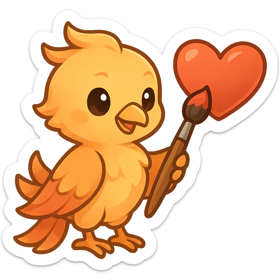 A phoenix holding a brush, painting a heart emoji, creative and hopeful atmosphere, soft gradient colors sticker