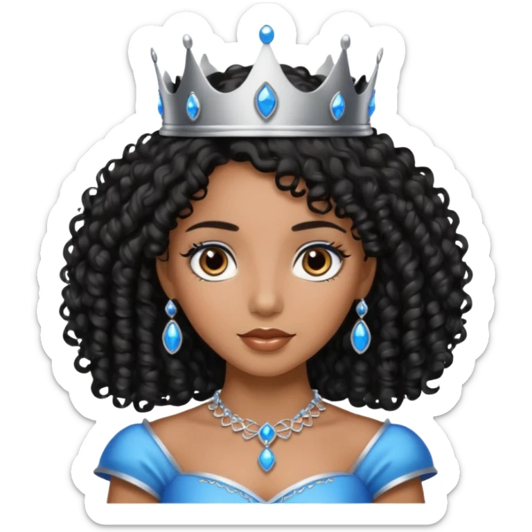 Por favor hazme el emoji de la princesa pero morena con el pelo negro y rizado, los ojos marrones y la corona plateada con jollas azules sticker