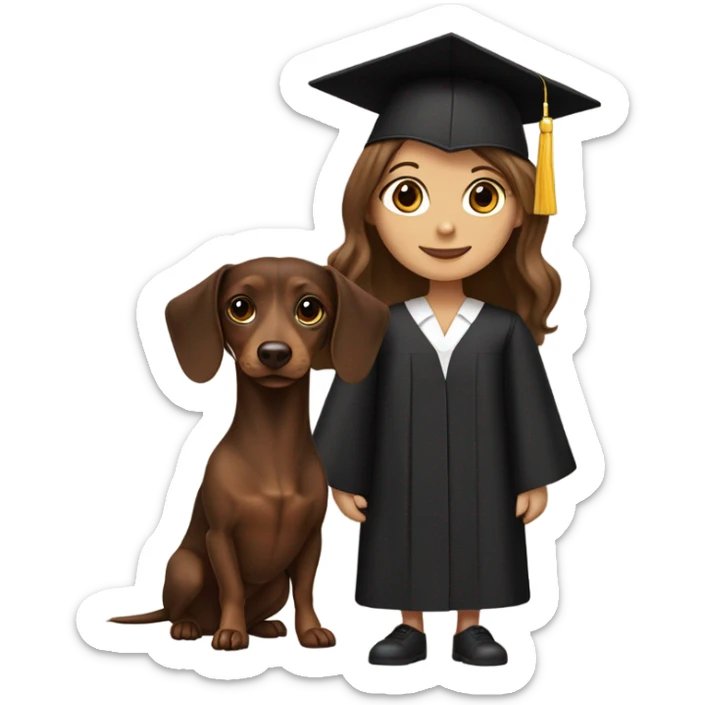 Brown haired white girl in graduation cap holding black and brown long haired dachshund  sticker