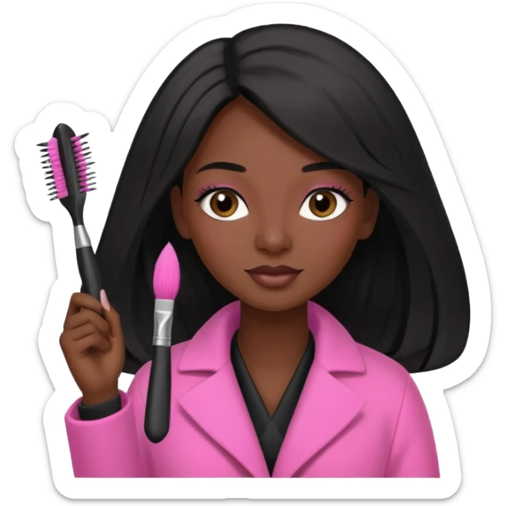Cosmetologist, dark skin, long black hair, with cosmetology brush, and pink coat sticker