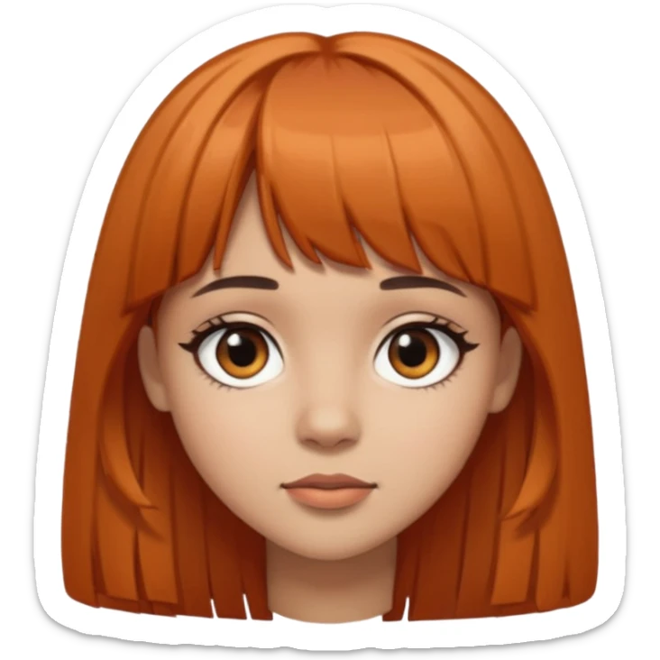 Light skin girl, black to brown orange-ish hair, big brown eyes and medium straight hair with bangs above the eyebrow  sticker