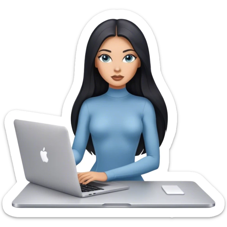 Glamours tanned very beautiful girl with pump nude lips and black straight smooth long hair, blue-grey eyes in bodysuit with one MacBook. sticker