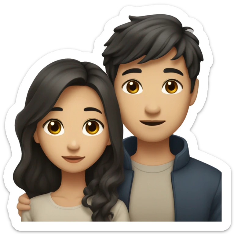 A half pale Asian man with short dark hair and amber eyes embracing and loving a half Asian woman with long wavy dark hair and dark hazel eyes. They love each other a lot And have good fashion taste. sticker