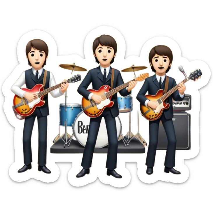 Rock music icon: The Beatles performing live on stage. John Lennon with guitar, Paul McCartney with bass, George Harrison with guitar, Ringo Starr on drums. Bright lights, energetic performance. Transparent background. sticker