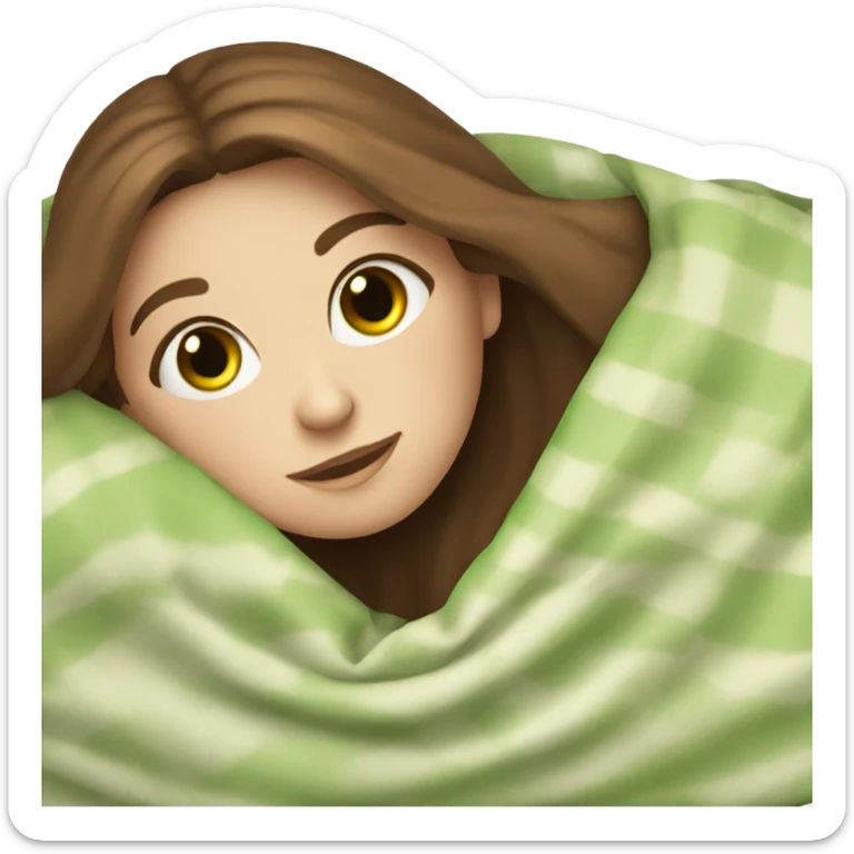 White girl with brown hair and green eyes lying under the blanket sticker
