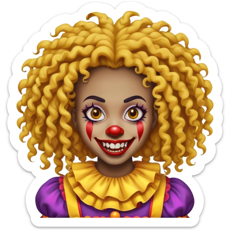 black girl curly long hair with clown scary face yellow teeth sticker