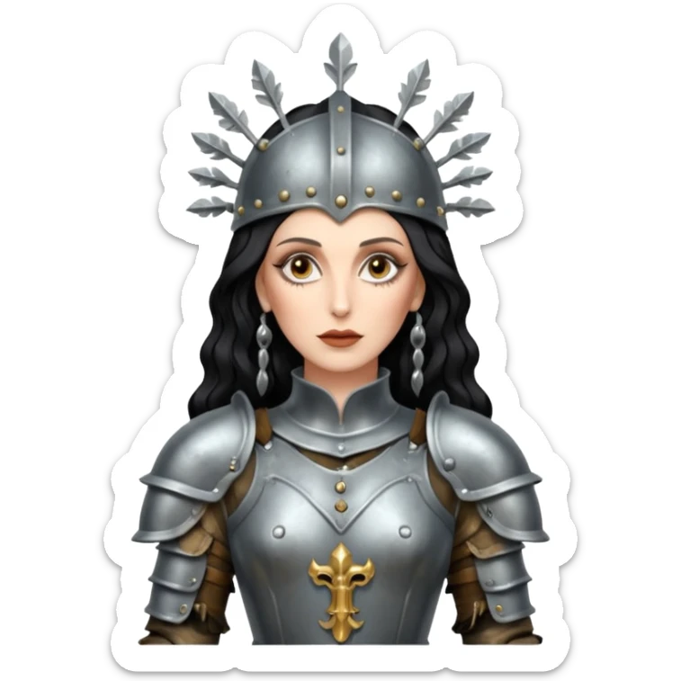 realistic cinematic actress Cher in baroque styling like Joan of Arc dirty damaged armor in a forest sticker