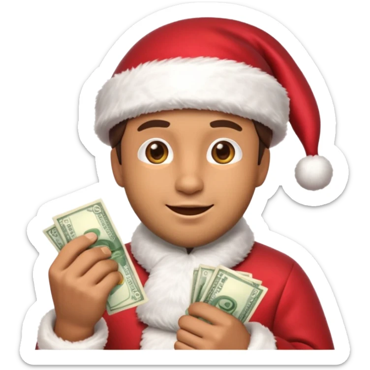 A confident rich emoji face wearing a Santa hat, money stacks, casino vibe, New Year theme, premium 3D emoji style, sharp details, no text, isolated on transparent background sticker