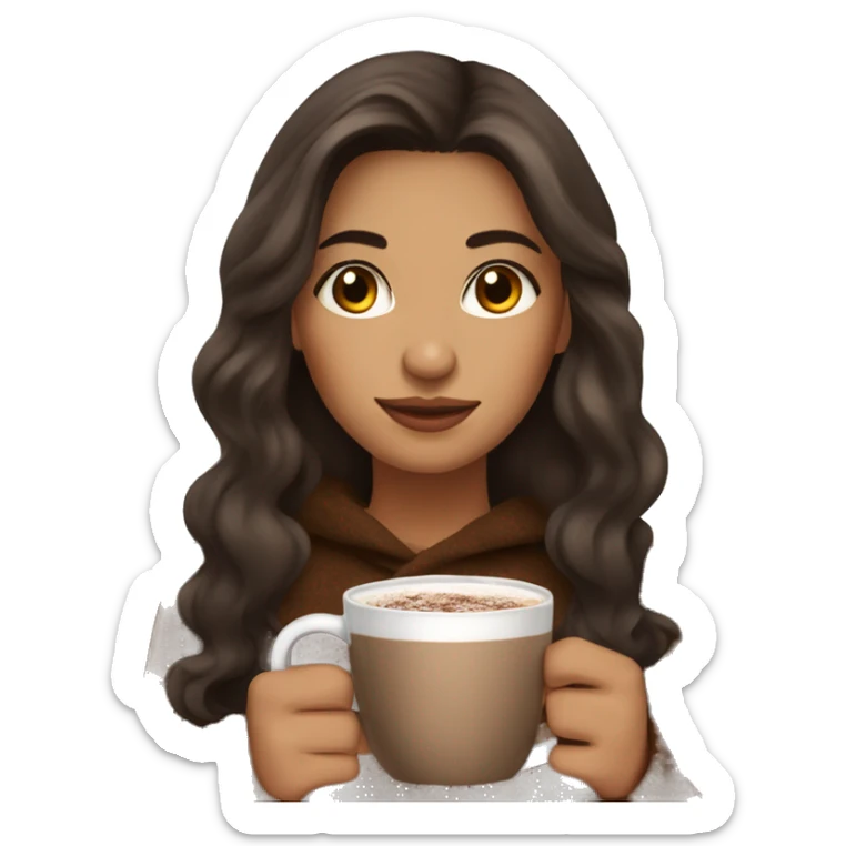 latina girl with brown long hair and a hot chocolate sticker