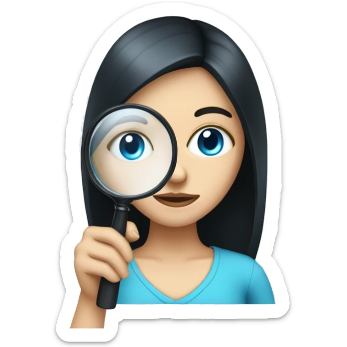 white girl with black hair and blue eyes holding a magnifying glasss sticker