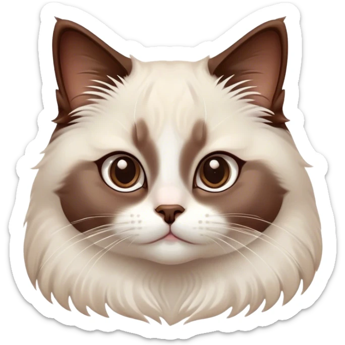 Cinematic Adorable Chocolate-Point Ragdoll Cat Portrait Emoji, Head tilted cutely with big, sparkling eyes, sleek brown and white tones with a sweet white nose, Simplified yet irresistibly adorable features, highly detailed, glowing with a soft, warm glow, high shine, affectionate and playful, stylized with a touch of whimsy, bright and endearing, soft glowing outline, capturing the essence of a curious and loving kitten, so cute it feels like it could leap out of the screen and snuggle up for a cuddle! sticker