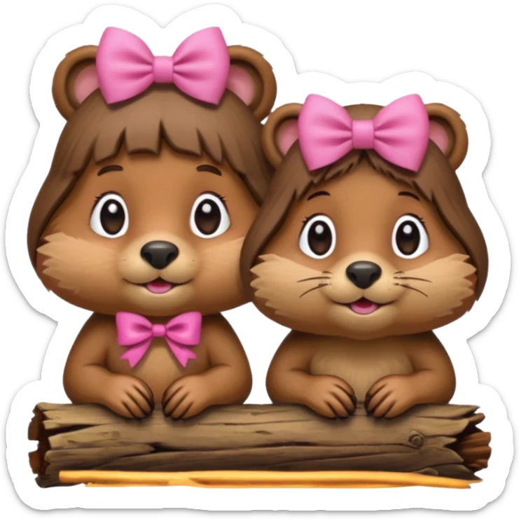 a girl beaver and a boy beaver on a log. give the girl beaver eyelashes and a bow on top of her head sticker