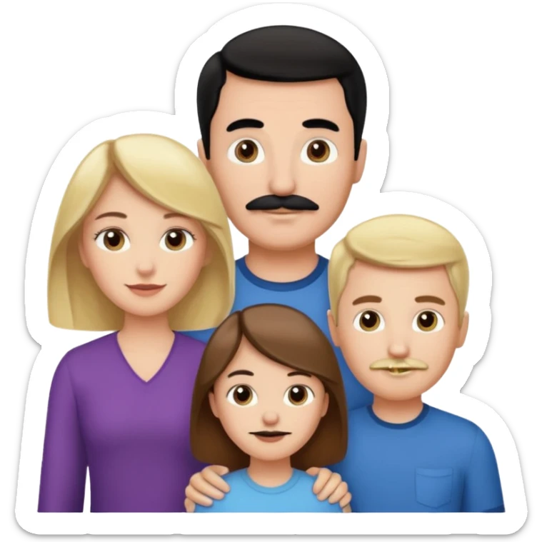 Mom with brown hair. Dad with black hair and mustache. 1 son with blonde hair. 1 son with blonde hair. 1 daughter with blonde hair. sticker
