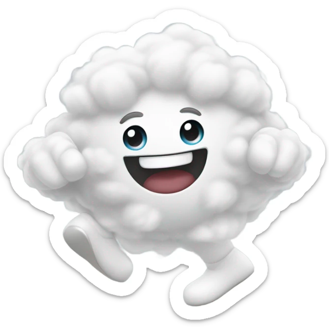 emoji of a fluffy white cloud in a dancing pose. cartoon style. arms and legs are expressive with lively movement. cheerful expression with closed eyes and a wide smile. isolated cutout. soft 3D lighting. no cast shadows. sticker