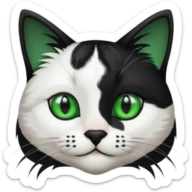 black and white long hair cat. green eyes. black nose. black splotch in the shape of a star near nose (on the right side). sticker