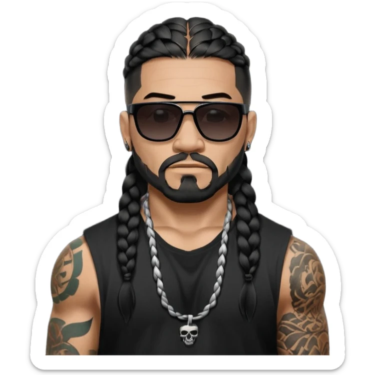 Remove hair from upper lip area.Samoan male. Facial hair on chin only.
No mustache hair, just chin.
Untucked loose fitting black t-shirt. 
long black braided hair.
very muscular.
Even More tattoos. 
Tough and menacing.
Dark black square sunglasses. sticker