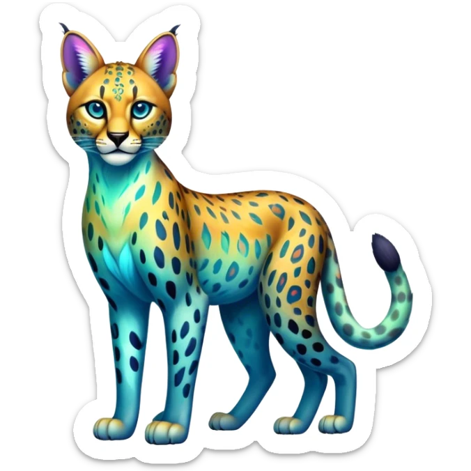 Colorful vibrant transparent iridescent luminescent ethereal fantasy-lynx-leopard-cheetah-caracal-serval-feline-animal, full-body sticker