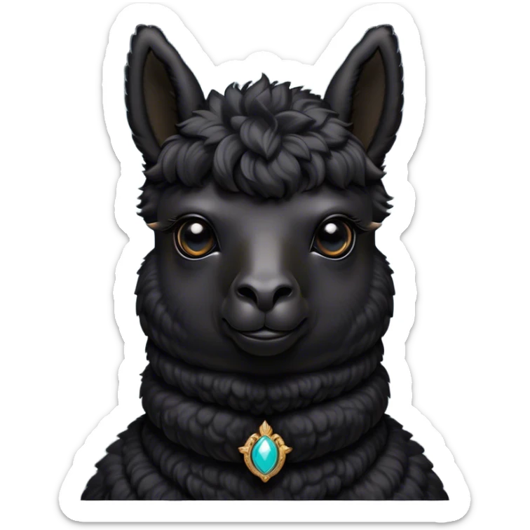 Cinematic Noble Black Alpaca Portrait Emoji, Poised and regal, with a striking, sturdy build and a sleek, well-groomed jet-black fleece, deep-set soulful dark eyes, Simplified yet sharp and sophisticated features, highly detailed, glowing with a soft, dignified glow, high shine, intelligent and mysterious, stylized with an air of elegant austerity, focused and attentive, soft glowing outline, capturing the essence of a watchful and confident companion, so majestic it feels as though it could stride out of the screen with effortless authority! sticker