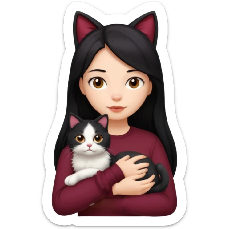 girl with long black hair, maroon shirt, holding a cat sticker