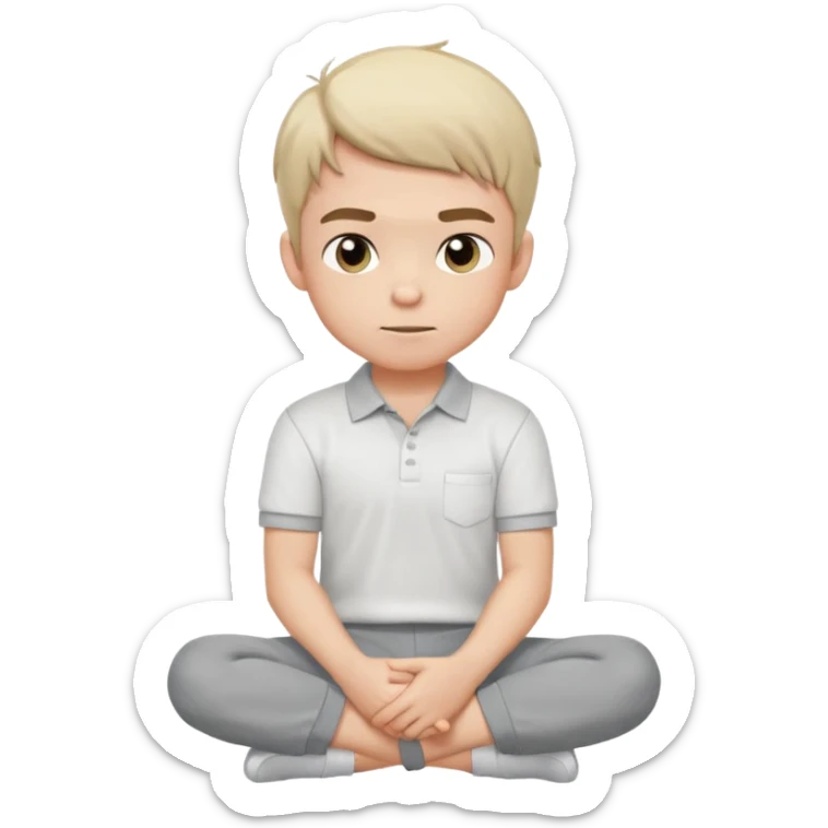 Cartoon boy sitting cross-legged, his fist pressed to his cheek, wearing a white polo and gray pants. He has a smug smirk, eyes looking forward. Clean lines, flat colors, solid black background, vector art, character sheet style. sticker