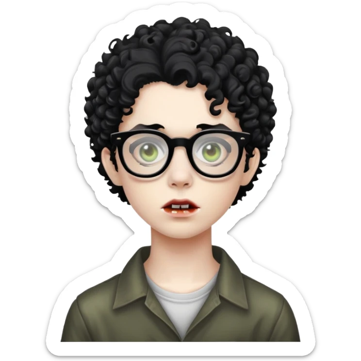 teen zombie with black curly hair with black glasses sticker