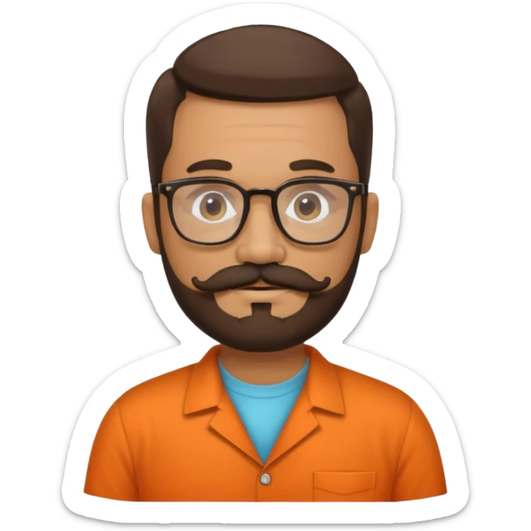 latino english teacher with a beard and moustache, and vintage glasses in a orange shirt sticker