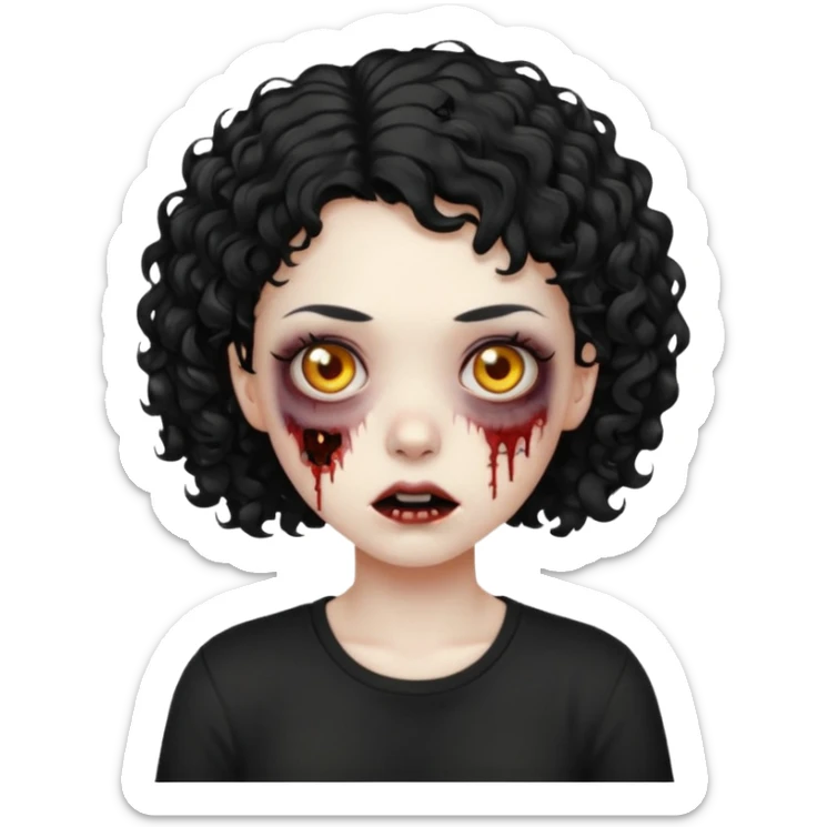Zombie girl emoji com cabelo curto cacheado com uma blusa preta sticker