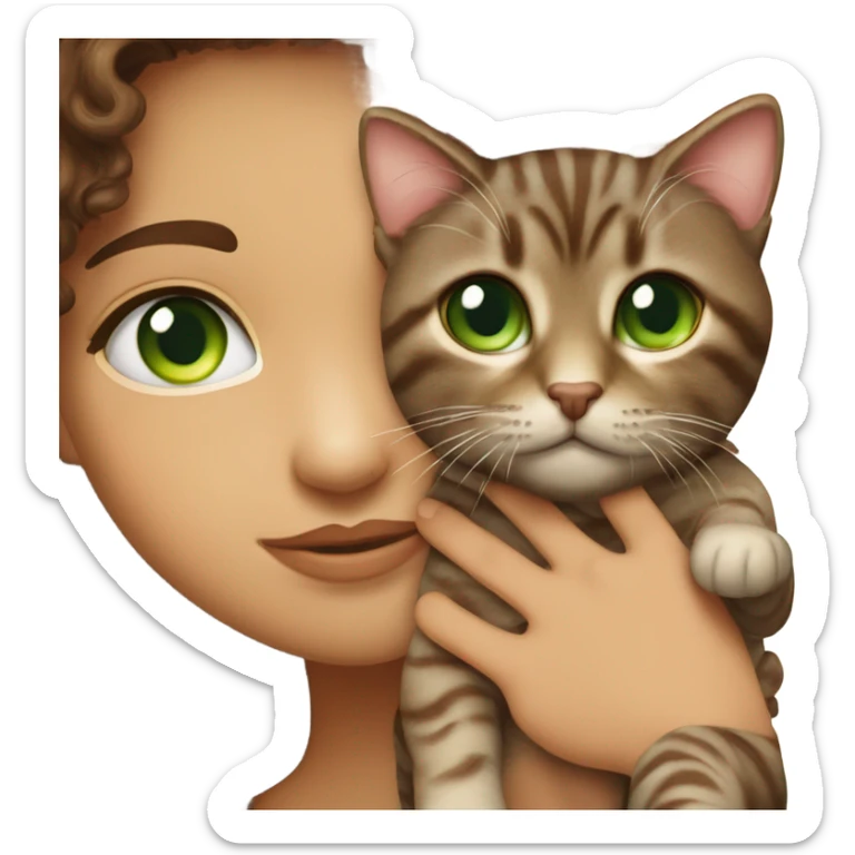 Dark brown curly haired girl with hazel eyes kissing a brown tabby cat with green eyes sticker