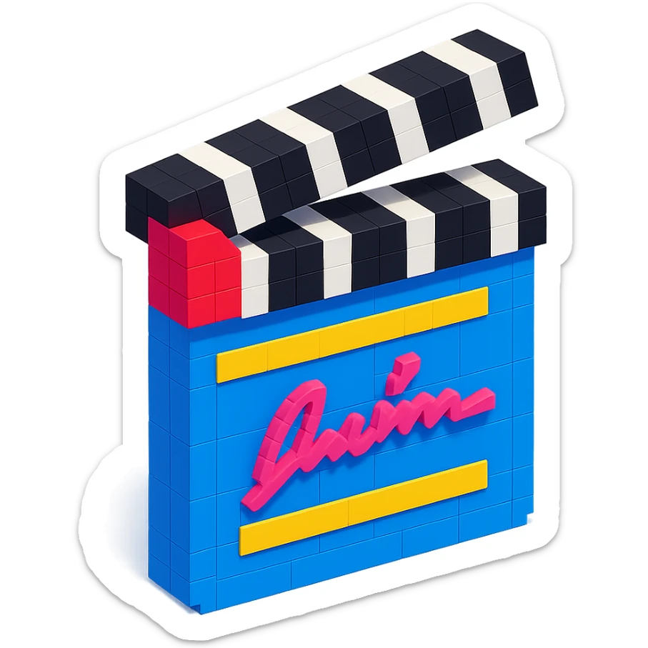 voxel style movie clapperboard with a director's signature, isometric view sticker