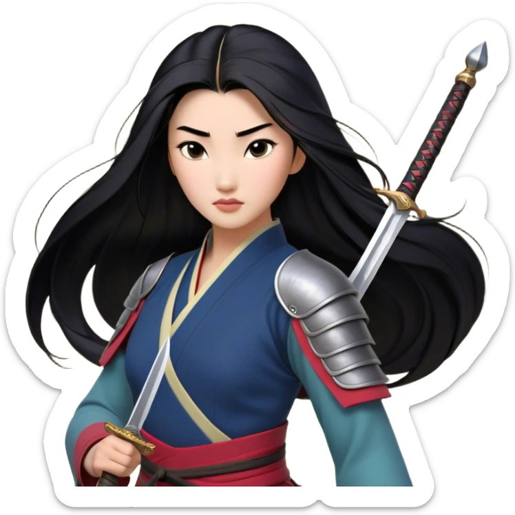 Cinematic Realistic Mulan Portrait, depicted with lifelike skin texture, soft natural lighting, and intricately detailed long black hair styled elegantly. Her deep, expressive eyes exude determination and grace, complemented by a serene yet confident expression. She stands with one hand resting on the hilt of her sword, the other by her side, exuding strength and poise. She is dressed in her classic attire, with rich fabric textures and delicate folds that catch the light beautifully. The portrait features a soft, enchanting glow with a natural, radiant finish, capturing the essence of timeless strength and beauty in a realistic and painterly style, evoking a sense of depth and authenticity. sticker