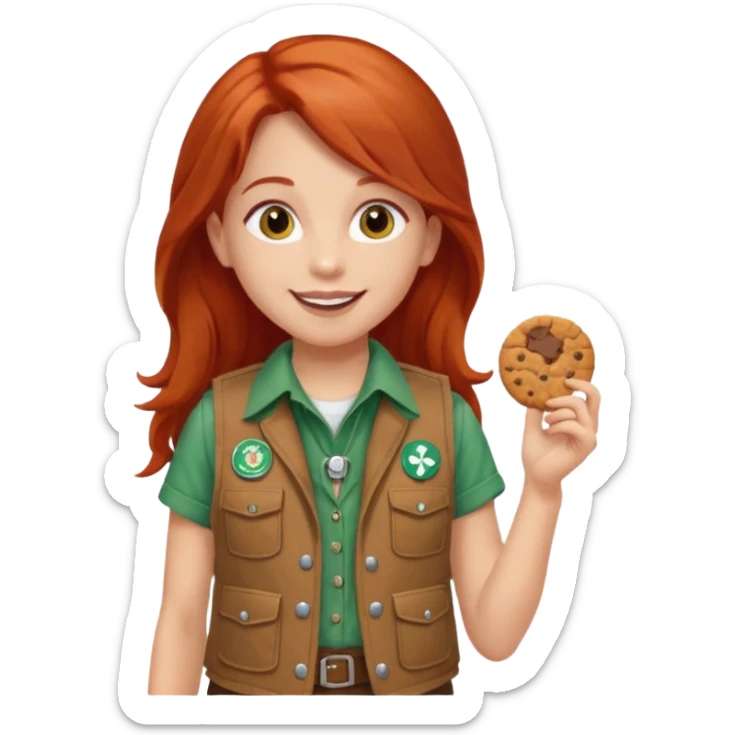 happy white girl scout with red long hair selling cookies with a brown Girl Scout vest and white shirt under vest. She should be around 10 years old sticker