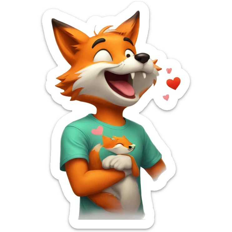 an anthropomorphic fox sending a kiss. The fox is wearing a colorful T-shirt and has a cheerful expression on his face. sticker