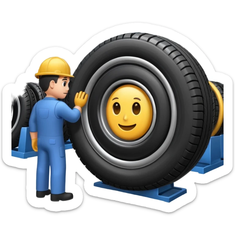 emoji of tire, inside the manufacturing factory, getting inspected by machine not by hunan, the machine is complicated  sticker