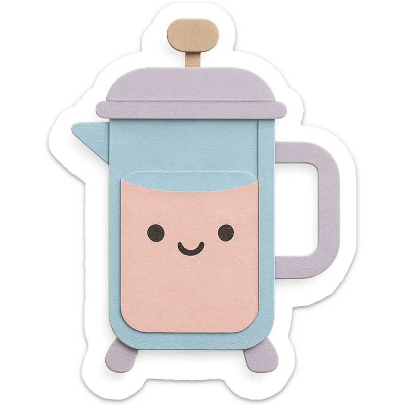 adorable French press with cute face, soft pastel tones, full body, hand-drawn paper craft style sticker