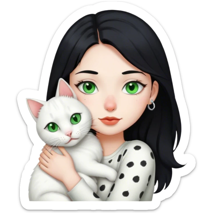 girl with black hair, green eyes, nose piercing, lip piercing hugs white cat with gray spots on head sticker