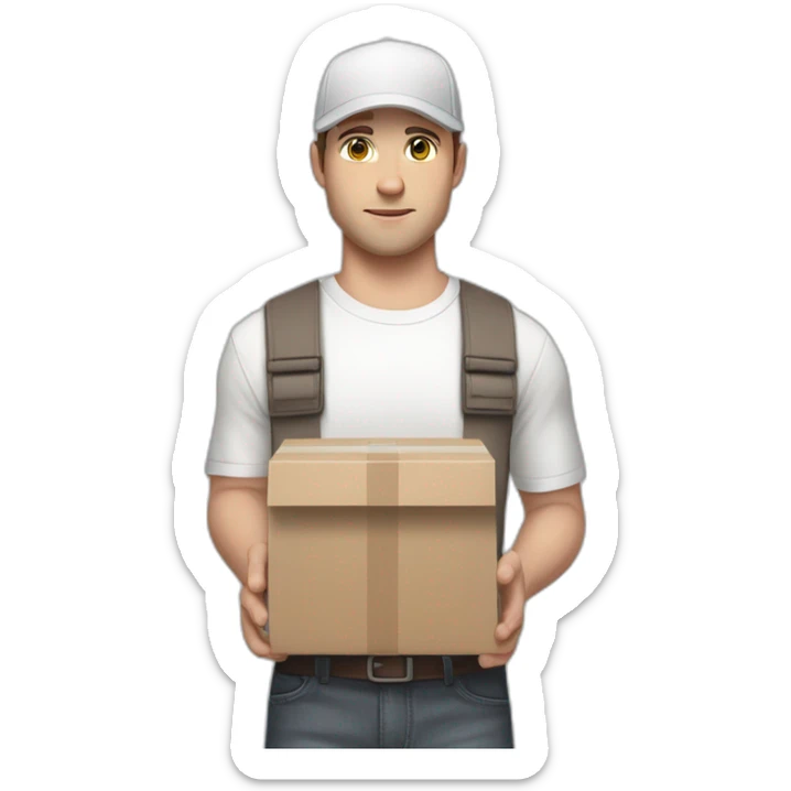 Pale skinned fit Man with dark brown hair in a light gray cap, dark brown jeans, brown polo and white T-shirt keeping a pasted with tape white box into his hands sticker