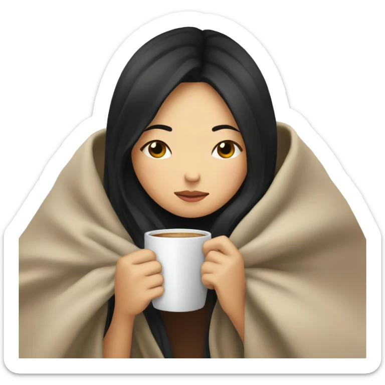 Asian girl inside a blanket sipping coffee eyes closed black hair sticker