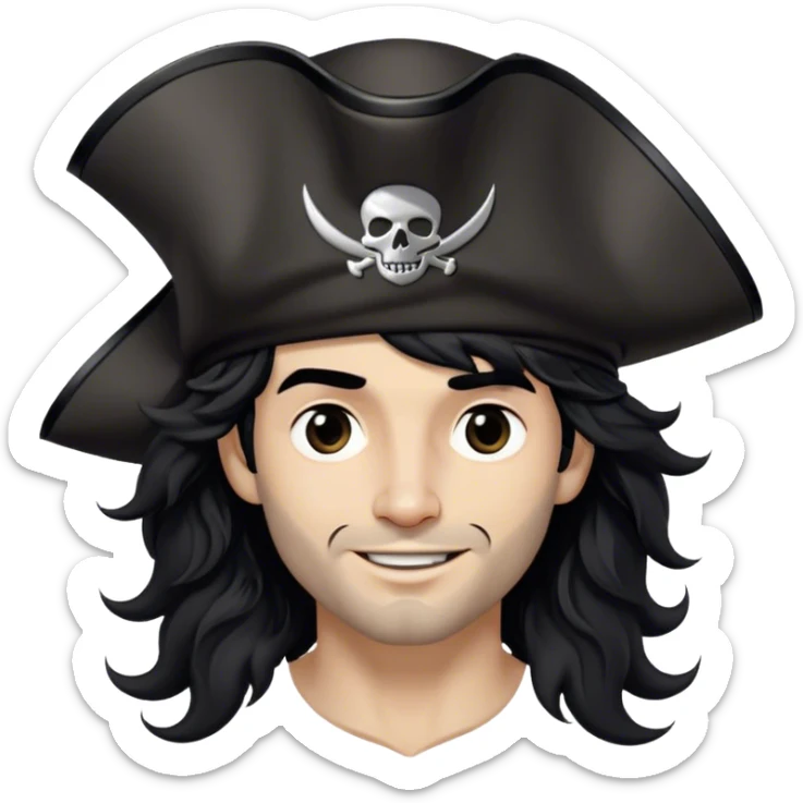 A charismatic pirate with wavy black hair tousled by the breeze. His silver-embroidered tricorn hat casts a shadow. He turns slightly, dark eyes glinting with mischief as he looks to the side, a knowing smile on his lips sticker