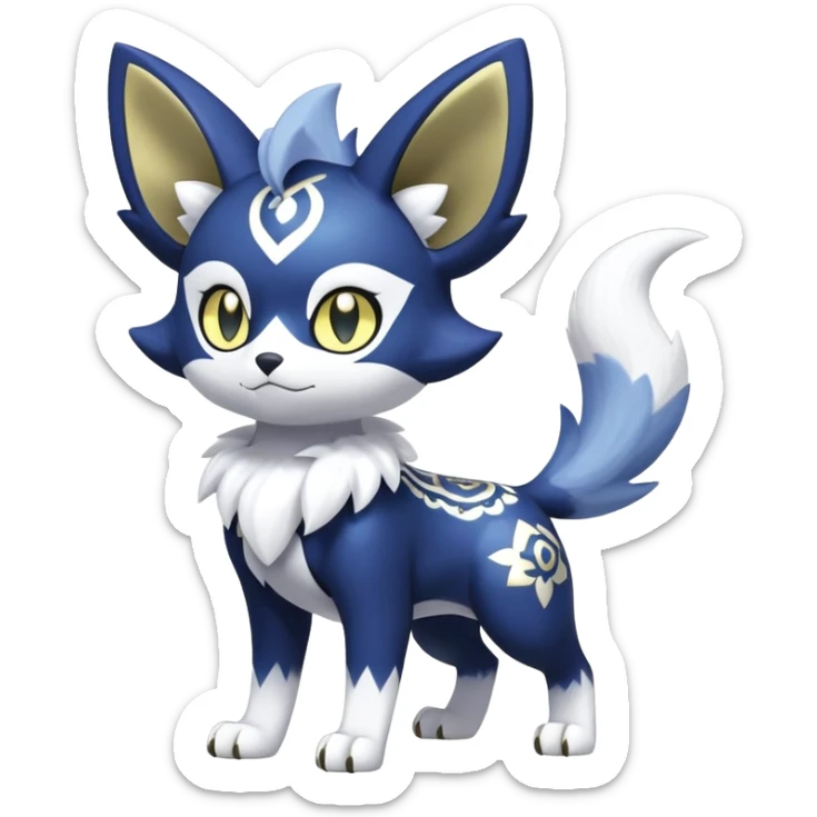 Shiny mExotic Colorfulj Excessive Mysterious Gothic Meowstic-Poochyena-Pokémon-Fakémon-hybrid-creature (full body) with pattern-markings with golden eyes sticker