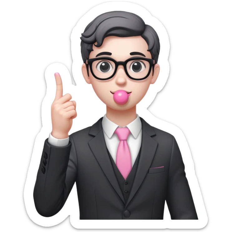 Aesthetic, greek urban sculpture, nerd, aesthetic greek sculpture young nerd, white nerd sculpture character, black suit, gray background, chewing a ball of pink gum, raising the index finger upwards sticker