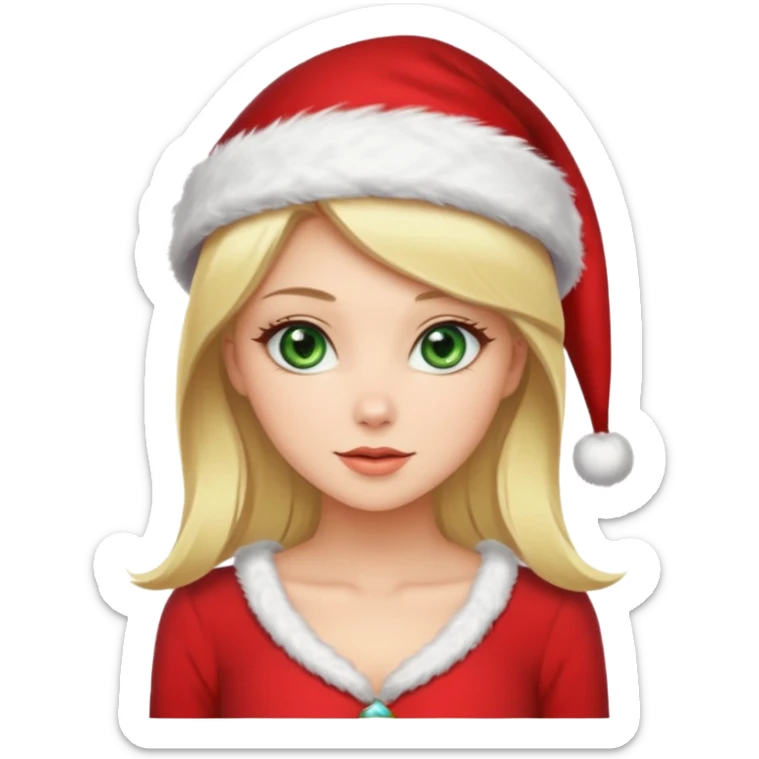 Gorgeous sexy green eyed blonde in a red dress wearing a Santa hat sticker