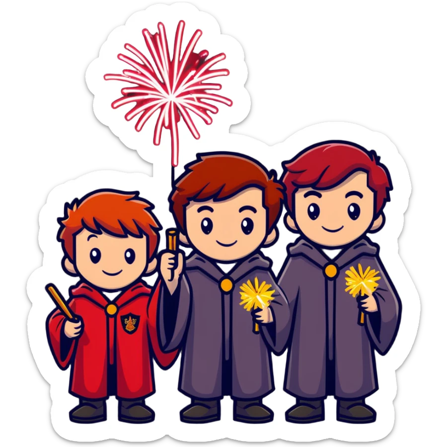 Fred and George Weasley with matching red hair and Gryffindor wizard robes, holding fireworks sticker